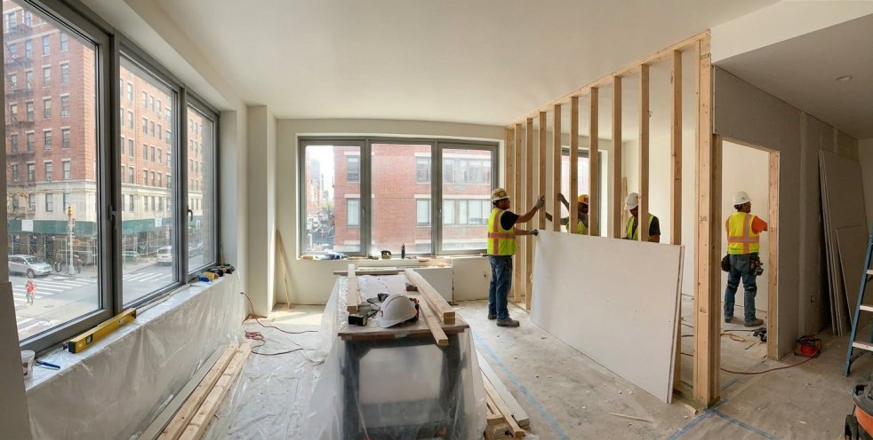 General contractors framing an apartment renovation in a Manhattan high-rise with city windows