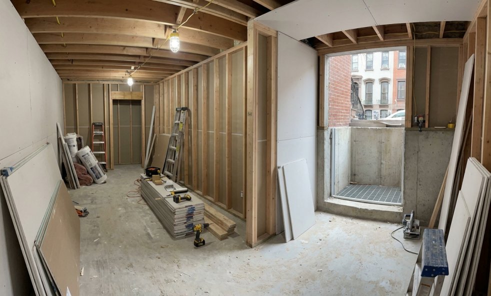 Basement remodel in progress with framed walls and construction materials in a Manhattan, NYC basement
