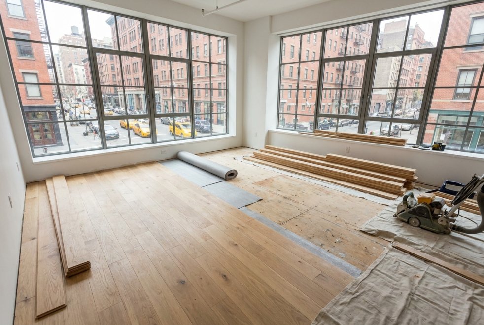 Wood floor installation in a Manhattan apartment with large city-view windows and flooring tools on site