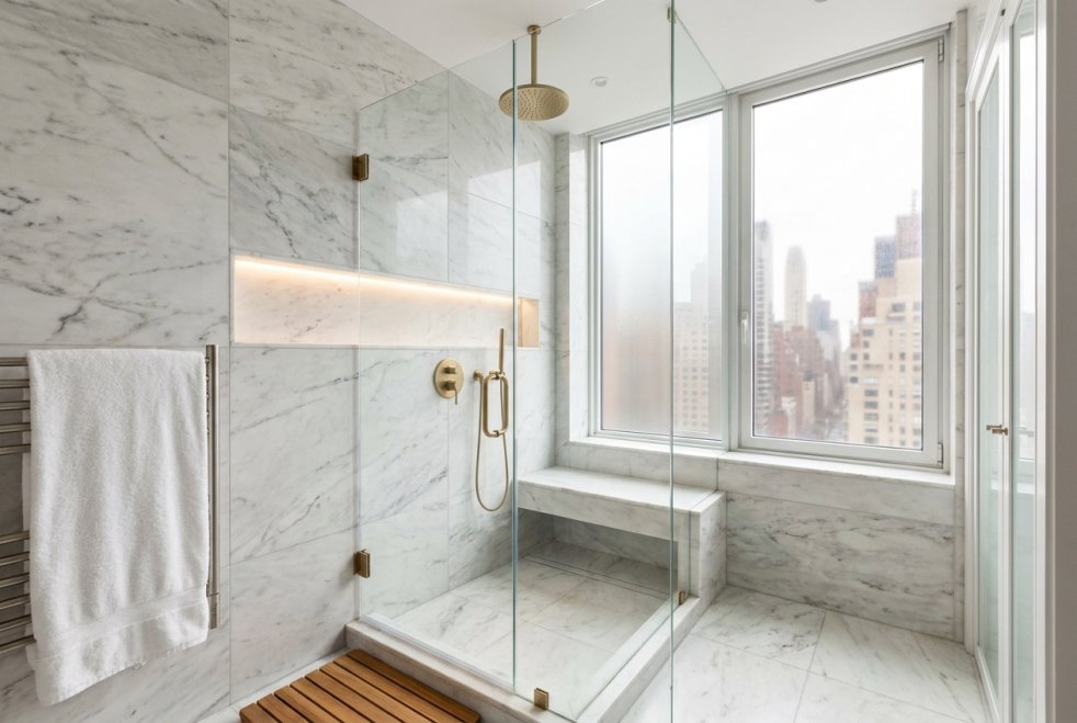 Modern marble shower remodel in a Manhattan apartment bathroom with glass enclosure and city views