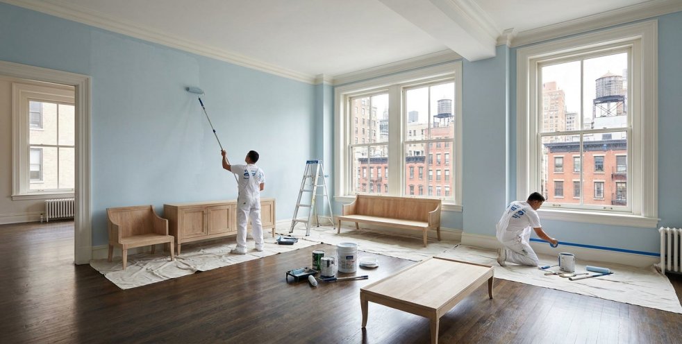 Painters painting a light blue wall in a Manhattan apartment with large windows and floor protection