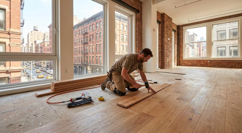 Contractor installing hardwood floors in a Manhattan apartment with large city windows