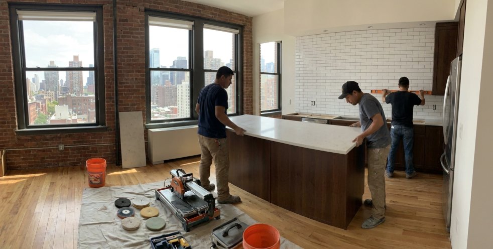 Workers installing a white countertop in a Manhattan apartment kitchen with city views